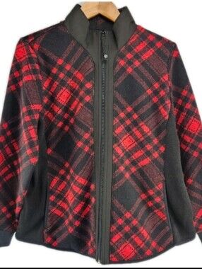 T by Talbots Cozy Fleeceback Knit Jacket - Wintery Plaid Red Black XL